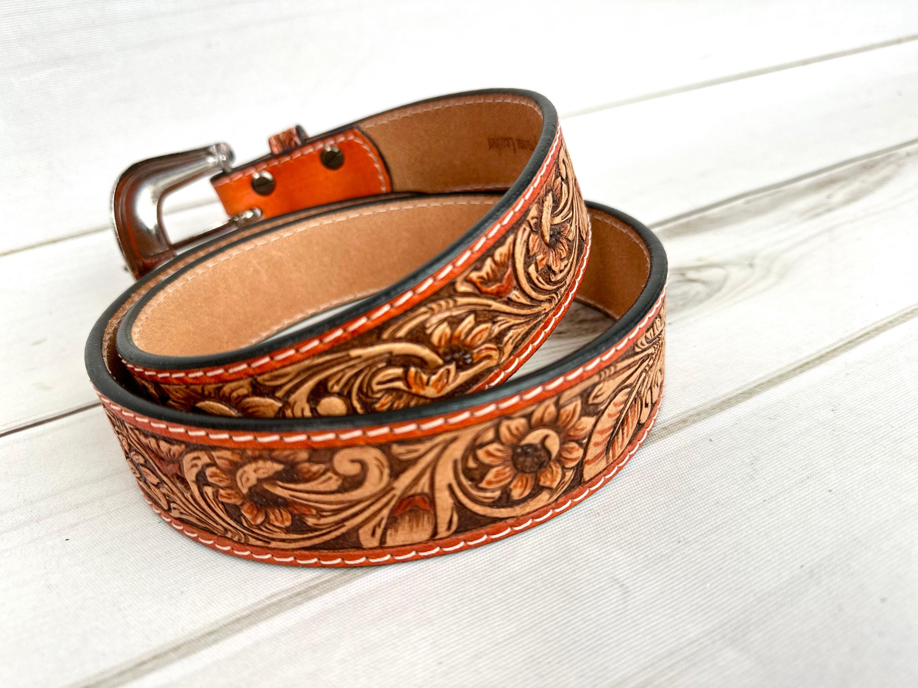 NEW LETO women\'s floral embroidered belt in camel WOMENS FLOWER EMBROIDERED Western Cowgirl Cowboy Leather  main image 3