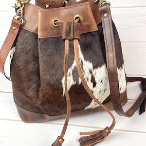 Cowhide and Leather Western Drawstring Bucket Bag