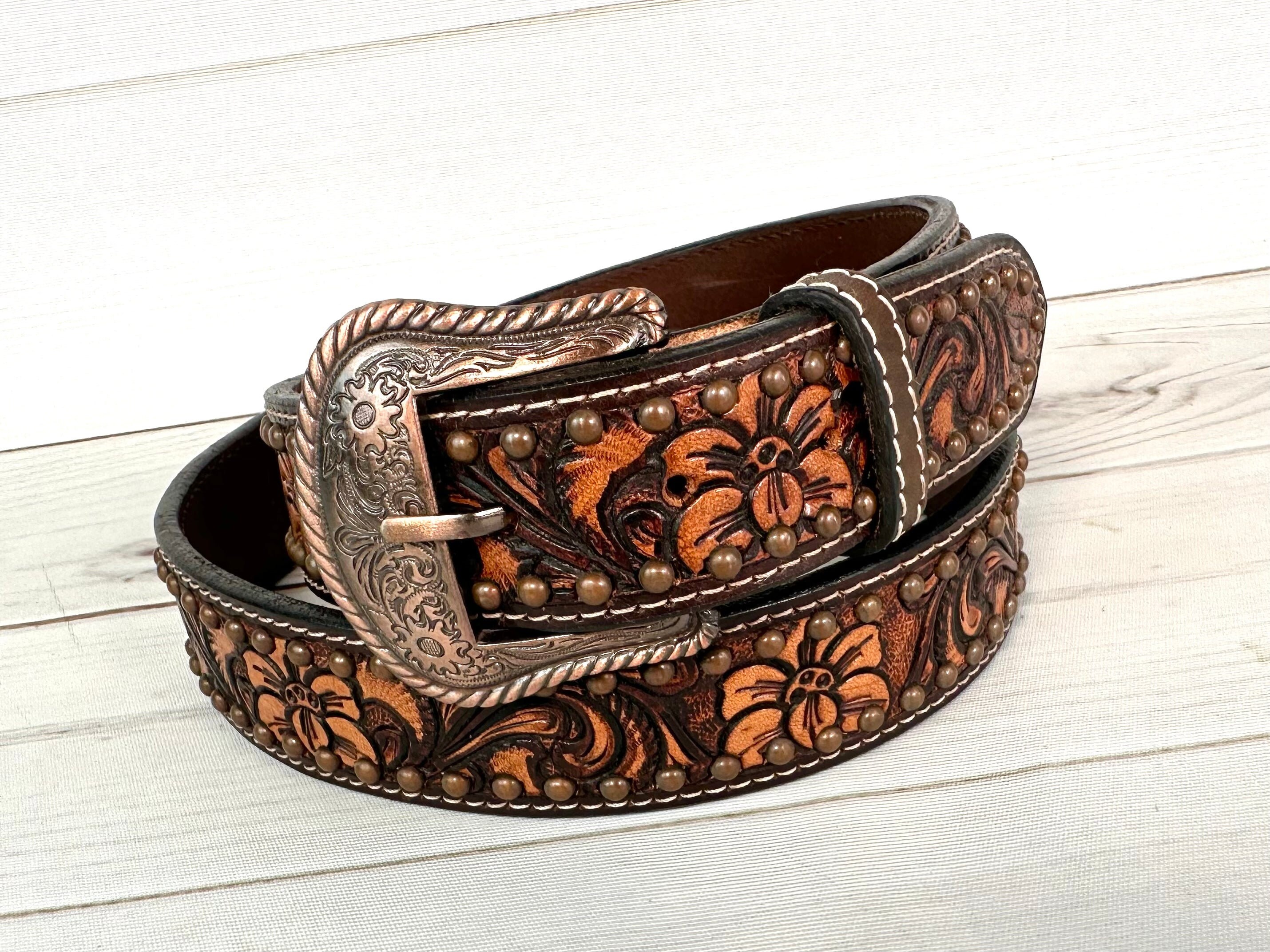 Dark Floral Tooled Studded Western Belt - Etsy display picture 2