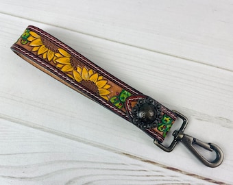 Triple Sunflower Cactus Tooled Wristlet Leather Keychain