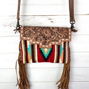Serape Red and Turquoise Leather Tooled Fringe Med. Bag