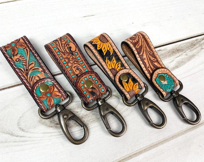 Tooled Leather Tab Key Fob