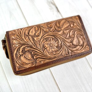 Large Leather Floral Tooled Zipper Wallet