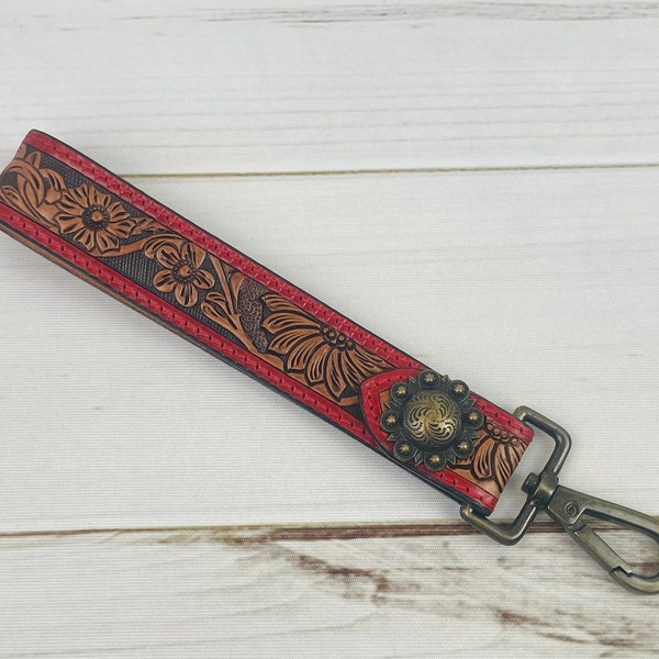 Red Border Floral Tooled Wristlet Leather Keychain