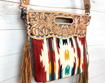 Serape Red, Yellow, Teal Wool Leather Handle Fringe Bag