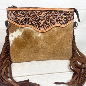 Chica Brown Hide Floral Tooled Leather Fringe Square Handbag - Etsy