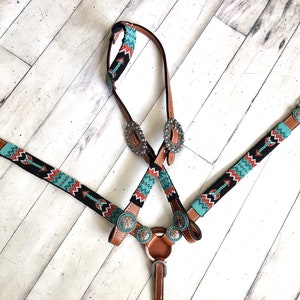 Red Orange Teal & Black Arrow Beaded Tack Set