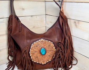 Turquoise Stone Fringe Leather Tooled Hobo Bag