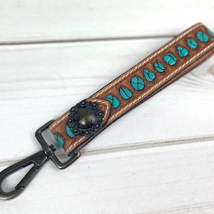 Turquoise Tooled Wristlet Leather Keychain