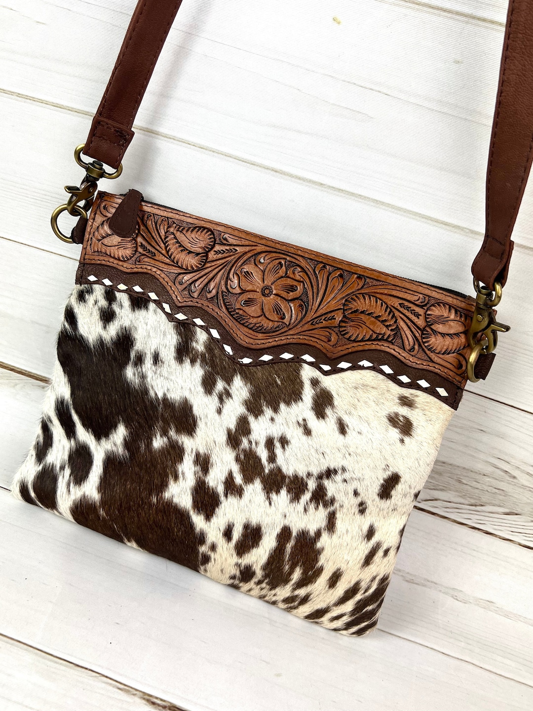Medium Size Leather Tooled And Cowhide Western Handbag Etsy 