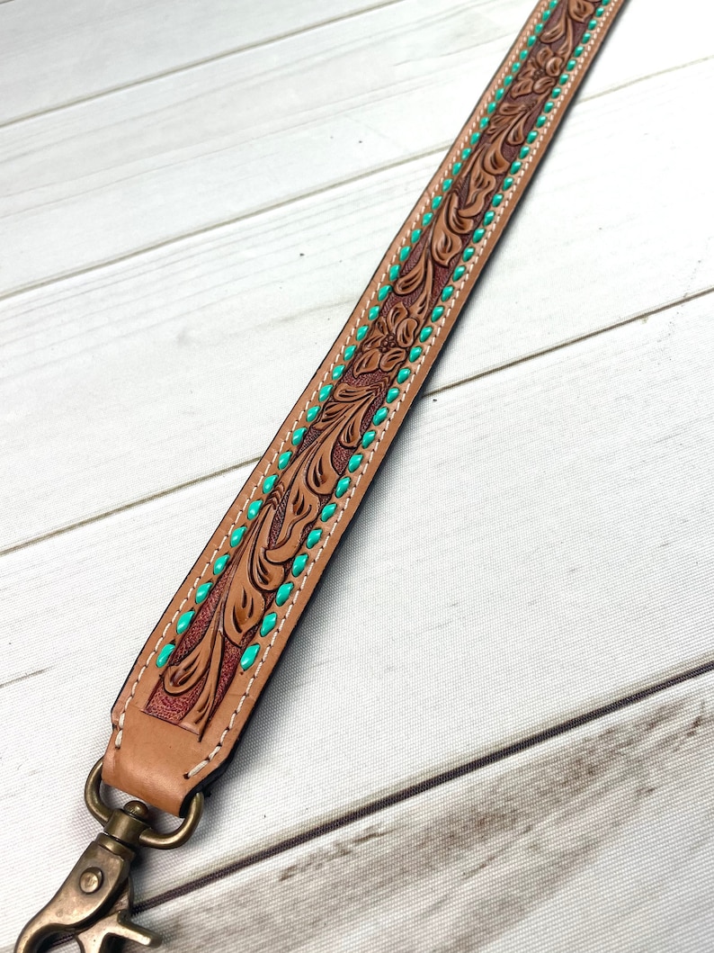 Floral Leather Tooled Turquoise Buckstitch Handbag Strap