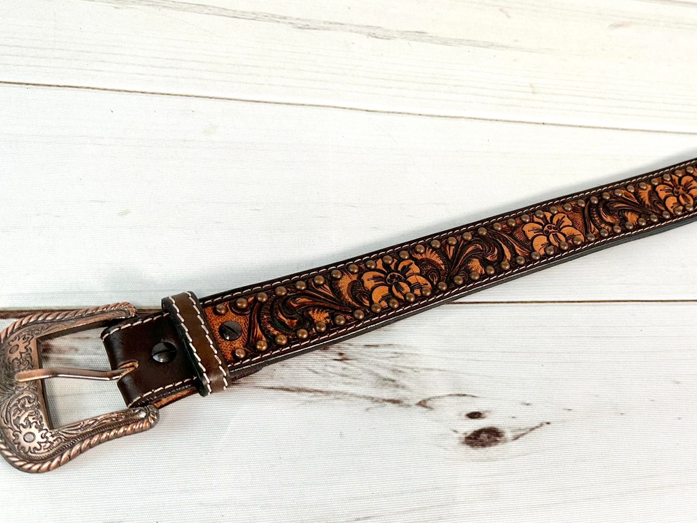 Briella Accessories Black Floral Tooled Genuine Leather Studded Western Belt Western Rhinestone Buckle Genuine Full Grain Floral Engraved  main image 4