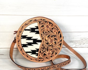 Cream and Black Wool and Leather Round Canteen Crossbody Bag