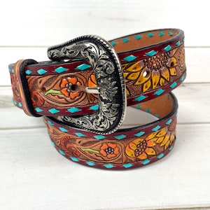 Turquoise Buckstitch Floral Tooled Leather Belt