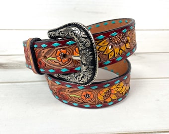 Turquoise Buckstitch Floral Tooled Leather Belt