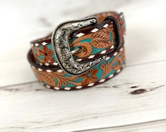 Hand Tooled Leather Belt With Turquoise Accent, Floral 