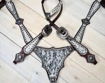 Black and White Hide Silver Studded Tack Set