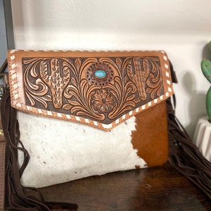 Leather Scroll Tooled & Hide Envelope Bag With Teal Stone - Etsy