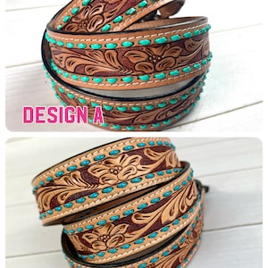 Floral Leather Tooled Turquoise Buckstitch Handbag Strap