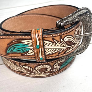 Turquoise & White Feather Tooled Leather Woman’s Belt