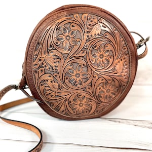 Brown Leather Floral Tooled Round Canteen Crossbody Bag