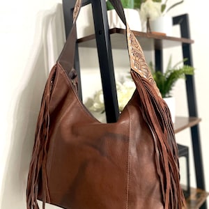 Dark Distressed Leather Hobo Fringe Tooled Handbag