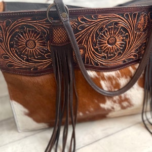 Meadow Large Floral Tooled & Cowhide Tote - Etsy