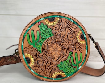 Cactus Sunflower Leather Tooled & Painted Buckstitch Round Canteen Crossbody Bag