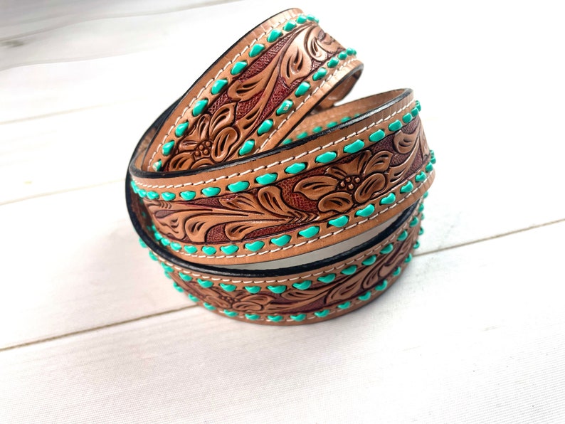 Floral Leather Tooled Turquoise Buckstitch Handbag Strap