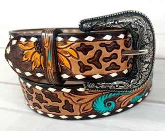 Vintage Harris Leatherworks Western Wear cowgirl leopard print belt size 29 Harris Silver and Leatherwork hand beaded belt with leopard  main image 4
