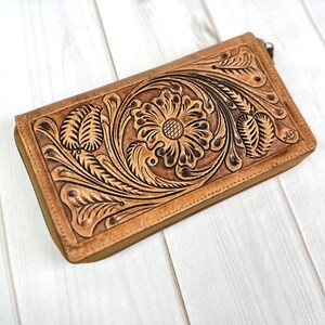 Large Leather Floral Tooled Zipper Wallet