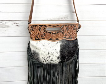 CLEARANCE! Black & Cream Hide - Round Tooled Handle Fringe Crossbody Handbag