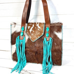 Cowgirl Brown Cowhide Turquoise Suede Fringe Tote