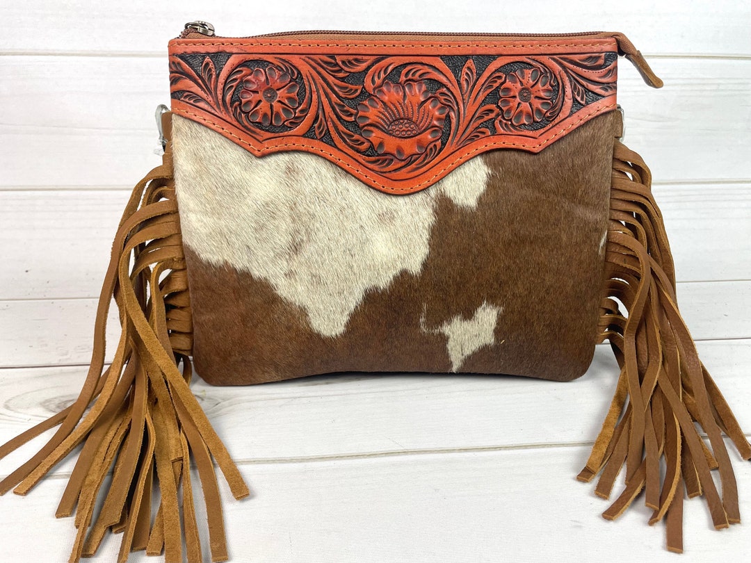 Sale Hide Floral Cherry Leather Tooled Suede Fringe Crossbody - Etsy