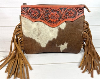 CLEARANCE! Hide Floral Leather Tooled Suede Fringe Crossbody Handbag