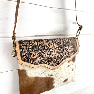 Leather Floral Tooled Flap on Tan Hide Handbag