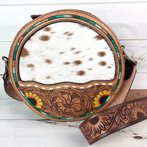 Cowhide and Sunflower Leather Tooled Round Canteen Crossbody Bag