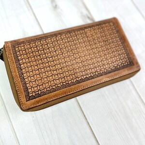 Large Leather Floral Tooled Zipper Wallet
