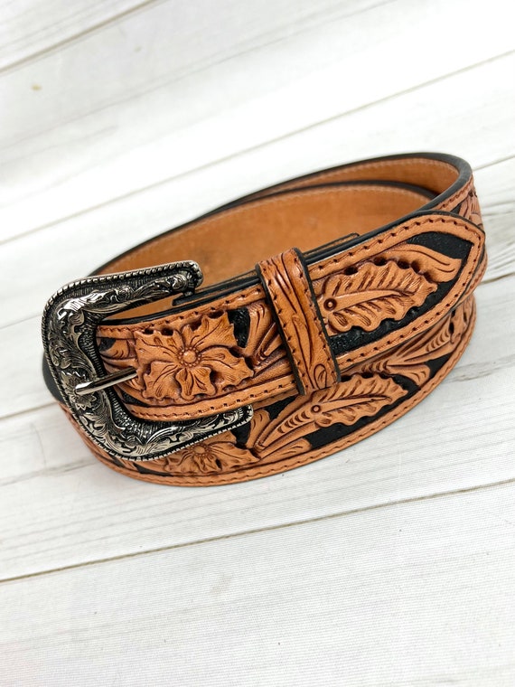 Tan and Black Leather Floral Tooled Western Belt - Etsy