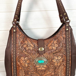 Floral Tooled Leather Tooled Hobo Shoulder Bag