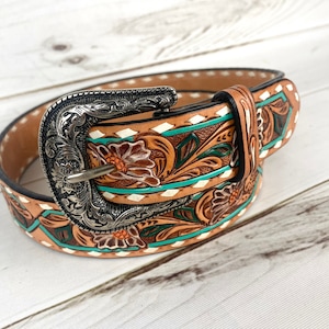 Teal Border Flower Painted and Tooled Leather Woman’s Belt