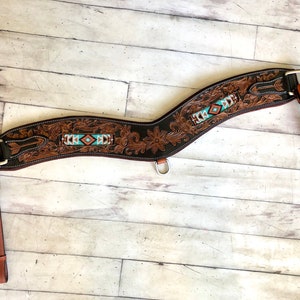 Teal Beaded Inset Leather Tooled Tripping Collar