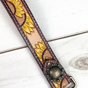 Yellow Sunflower Tooled Wristlet Leather Keychain