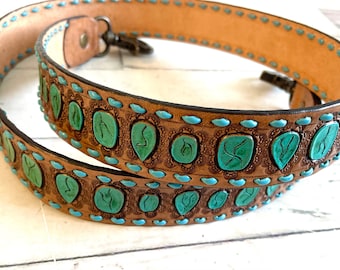 Turquoise Painted Teal Buckstitch Leather Handbag Strap