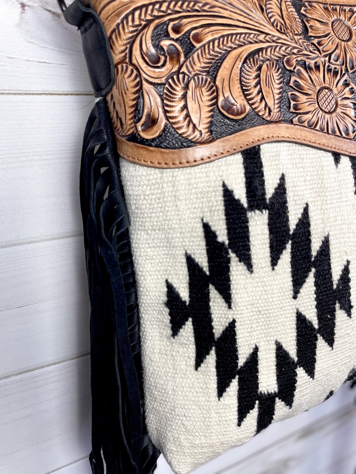 Aztec Leather Tooled Cream and Black Wool Fringe Bag | Etsy