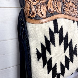 Aztec Leather Tooled Cream and Black Wool Fringe Bag - Etsy