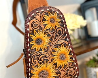 Small Leather Tooled Western Sling Bag