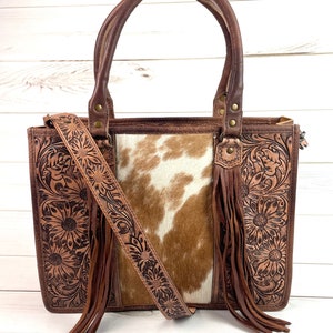 Prescott Light Brown Pattern Hide Tote with Leather Tooled Sunflowers