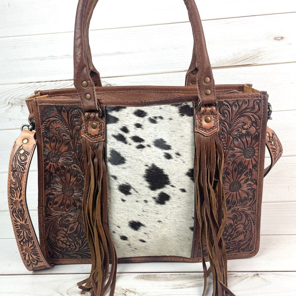 Prescott Black & White Hide Tote with Leather Tooled Sunflowers