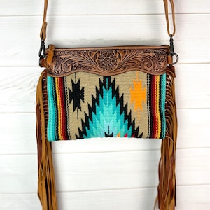 Brown, Orange and Turquoise Leather Tooled Fringe Med. Bag